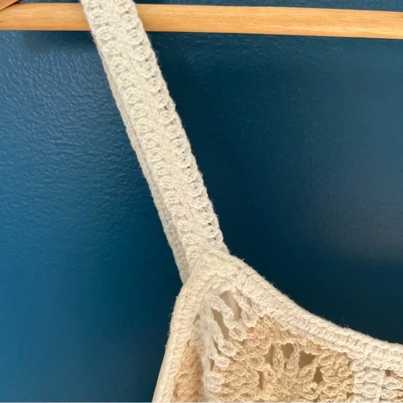 Zara Medium White and Tan Crochet Mini Summer | Boho Dress - Picture 5 of 9